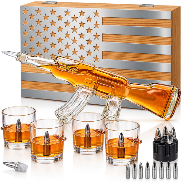 Whiskey Decanter Flag Set 1000ML Ak47 Rifle Gun Glasses Chillers Set In Box Hanging Storage American