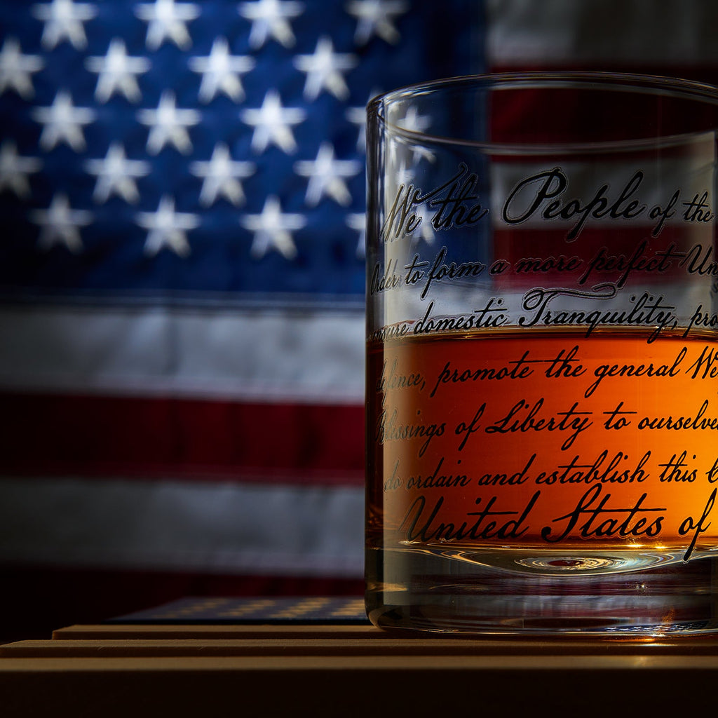 Whiskey Glasses – United States Constitution - Wood American Flag Tray & Set of 4 We The People 10oz America Glassware, Old Fashioned Rocks Glass, Freedom Of Speech Law Gift Set US Patriotic by The Wine Savant