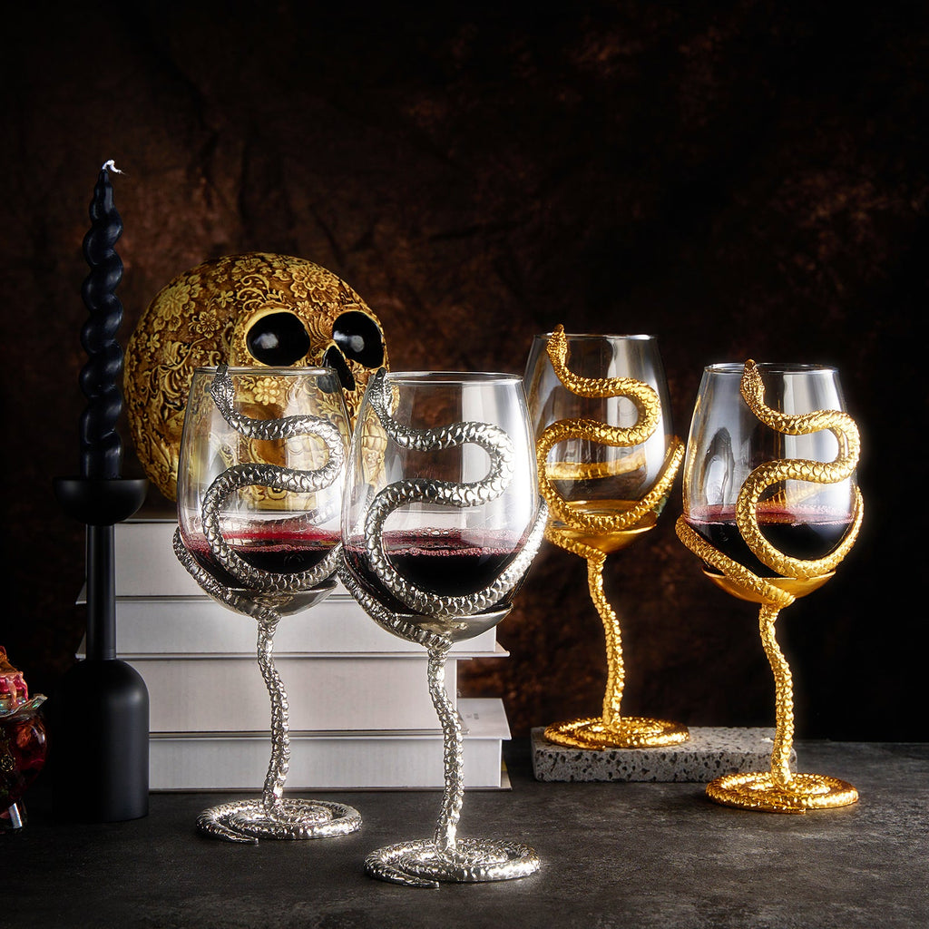 Stemmed Snake Wine Glass | Set of 2 | 19oz Spooky Reptile Glasses 10" H (Silver)