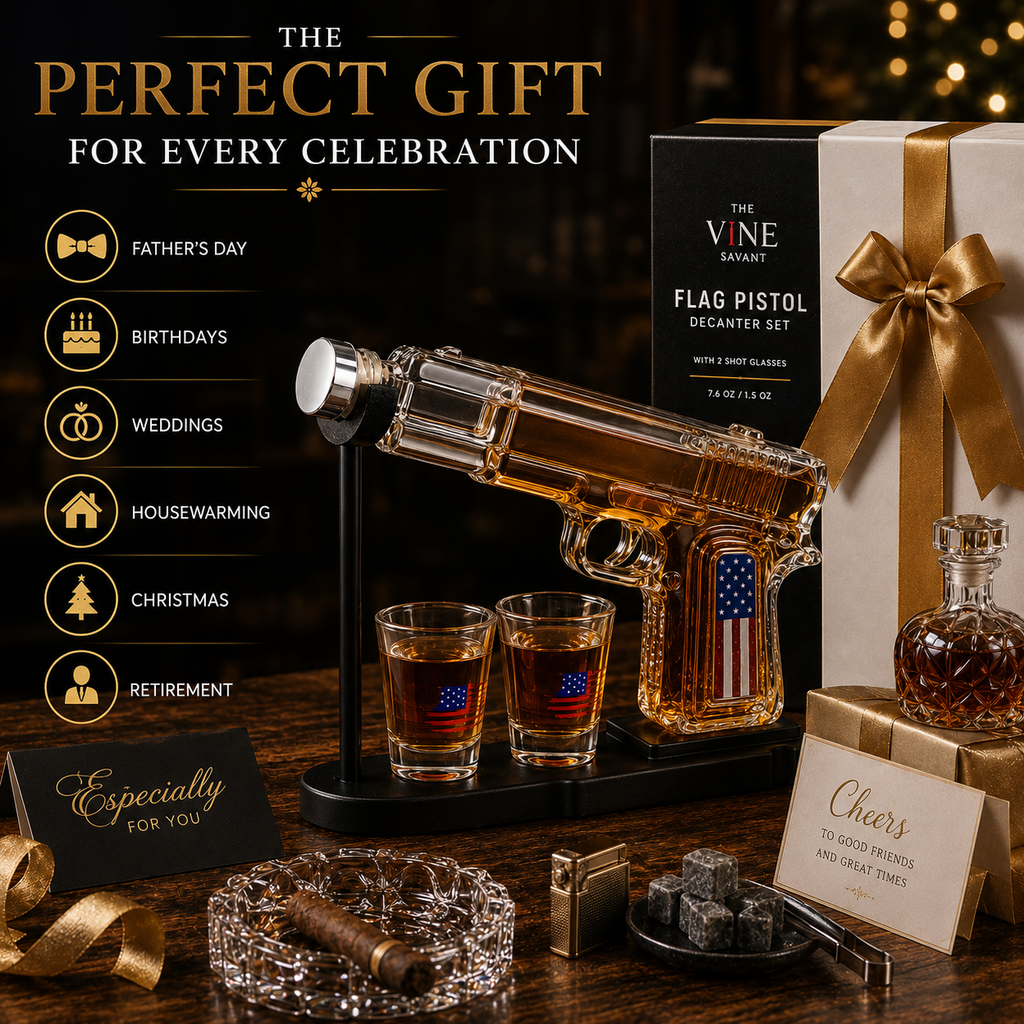 Gifts For Men Dad Father Whiskey Decanter Set 8 Oz With Two 2 Oz Glasses American Flag Pistol Gun An