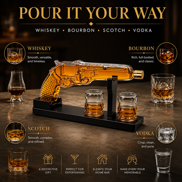 Whiskey Decanter Set 7 7 Oz With Two 1 6 Oz Shot Glasses Pistol Gun Unique Birthday Gift Ideas For S