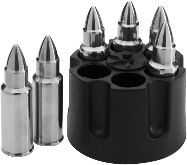 Whiskey Stones Bullets Stainless Steel - 1.75in Bullet Chillers Set of 6 Inside Realistic Revolver - Freezer Base, Made w/ Premium Stainless Steel, Large Reusable Chilling Ice Cube, Good for Whiskey