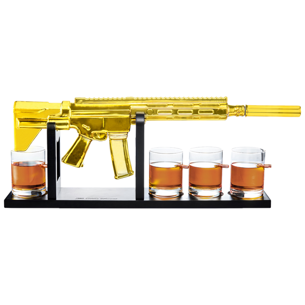 AR15 Gold Whiskey Decanter Set with 4 Bullet Whiskey Glasses - The Wine Savant, Gift for Fathers, Uncles, Sons - Veteran Gifts, Military Gift, Home Bar Gift, Father's Day by The Wine Savant