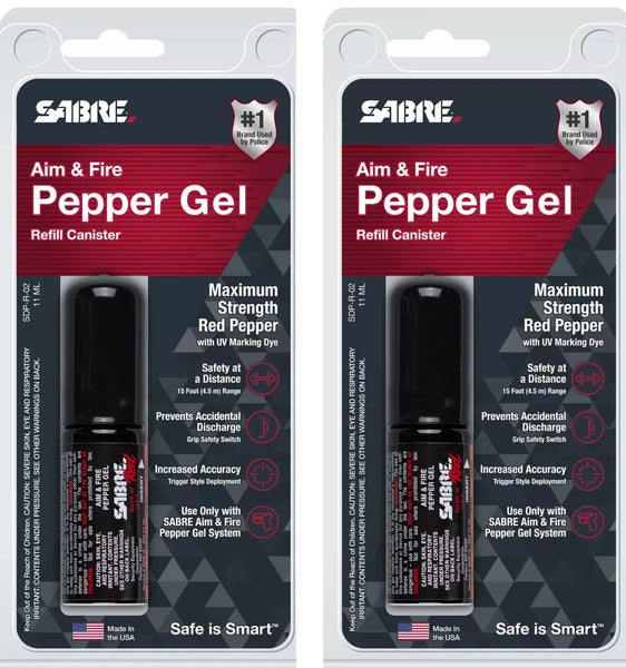 SABRE Red Aim and Fire Pepper Gel Refill Canister 2 Pack with UV Marking Dye USA