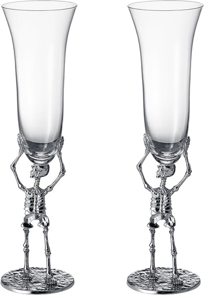 Stemmed Skeleton Champagne Flute Glass | Set of 2 | 7.5oz Halloween Skeleton Glasses 10" H, Goth Gifts, Skeleton Gifts, Skeleton Decor, Spooky Wine Gift Set, Perfect for Halloween Themed Parties