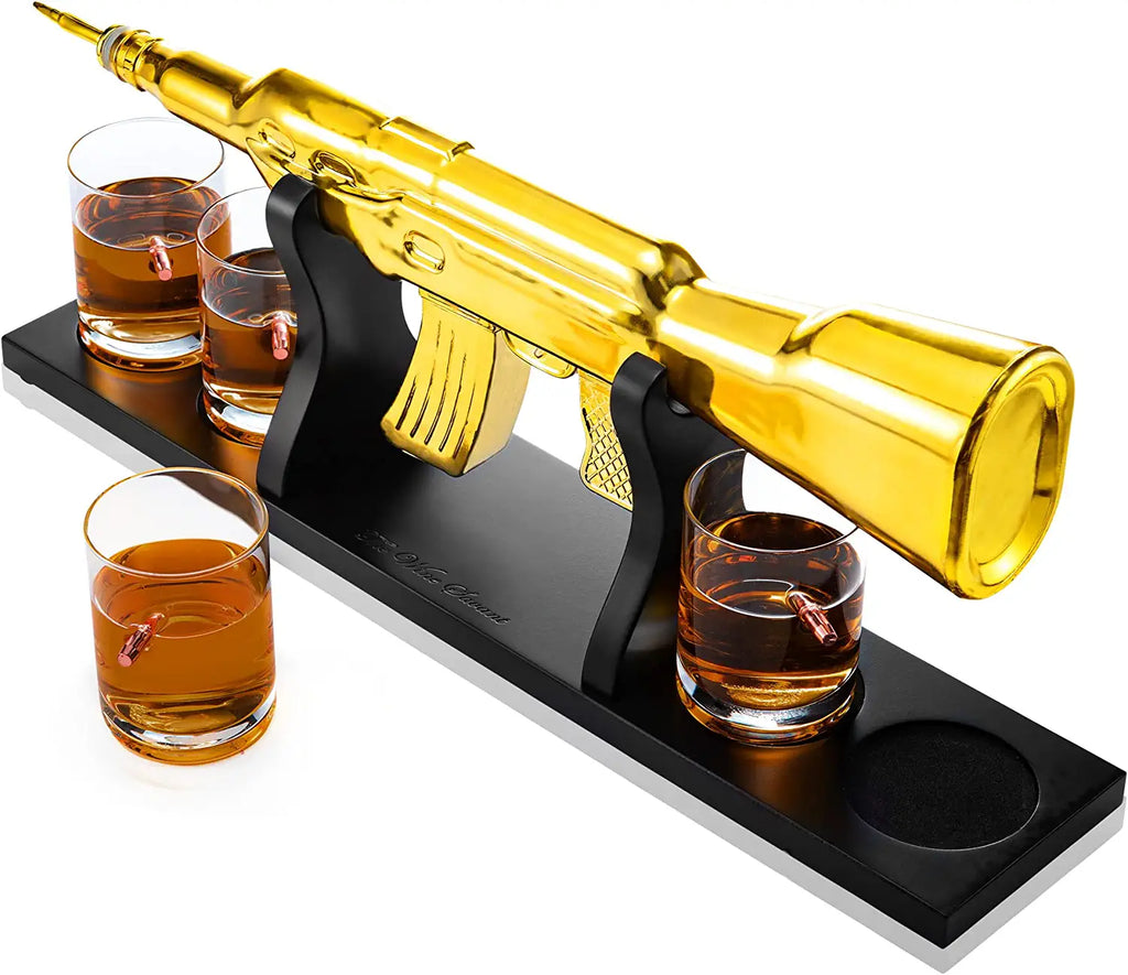 AK Gold Whiskey Decanter Set With 4 Bullet Whiskey Glasses - The Wine Savant, Gift For Fathers, Uncles, Sons - Veteran Gifts, Military Gift, Home Bar Gift, Father's Day by The Wine Savant