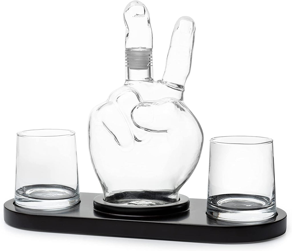 Peace Sign Wine and Whiskey Decanter 750ml With 2 10oz Glasses by The Wine Savant 9" H 14" L - Peace Sign Decanter, World Peace Gifts, Peace Sign Gifts, Peace Sign Glass Figurine, Perfect For Parties by The Wine Savant