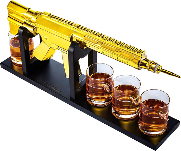 AR15 Gold Whiskey Decanter Set with 4 Bullet Whiskey Glasses - The Wine Savant, Gift for Fathers, Uncles, Sons - Veteran Gifts, Military Gift, Home Bar Gift, Father's Day by The Wine Savant