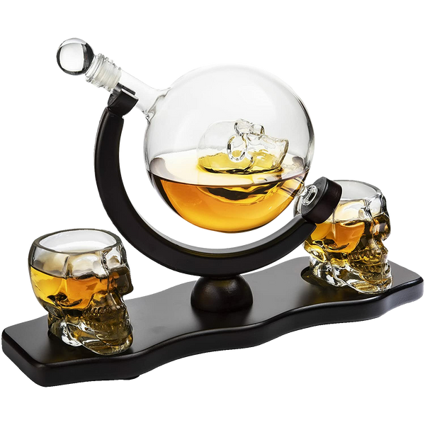 Skull Decanter Set With 2 Skull Shot Glasses - by The Wine Savant - and Beautiful Wooden Base - By Use Skull Head Cup For A Whiskey and Vodka Shot Glass, 850ml Decanter 3 Ounces Shot Glass
