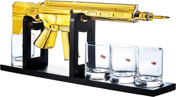 AR15 Gold Whiskey Decanter Set with 4 Bullet Whiskey Glasses