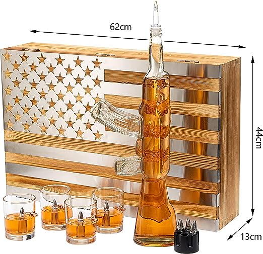 Whiskey Decanter Flag Set - 1000ml AK47 Rifle Gun, Glasses & Chillers Set in Box - Hanging Storage American Flag Gift Box With Silver Metal Flag, Great Gift Army, Navy, Marines, Veterans by The Wine Savant