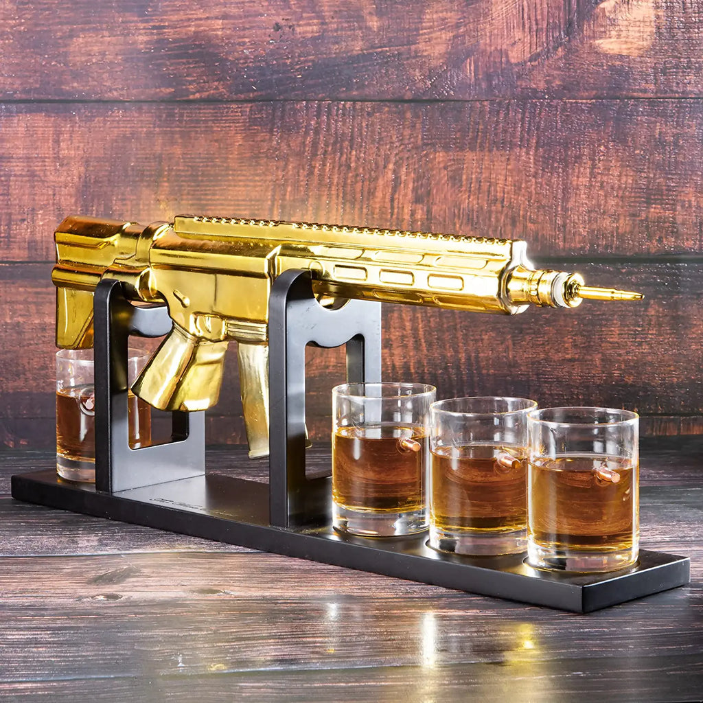 AR15 Gold Whiskey Decanter Set with 4 Bullet Whiskey Glasses