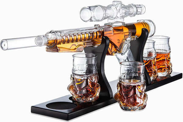 Blaster Force Gun Whiskey & Wine Decanter Set Glasses - Energized Particle Weaponry Elegant Decanter 24" - 4 Shot Glasses & Mahogany Wooden Base The Wine Savant (20 OZ) Gifts for Dad by The Wine Savant