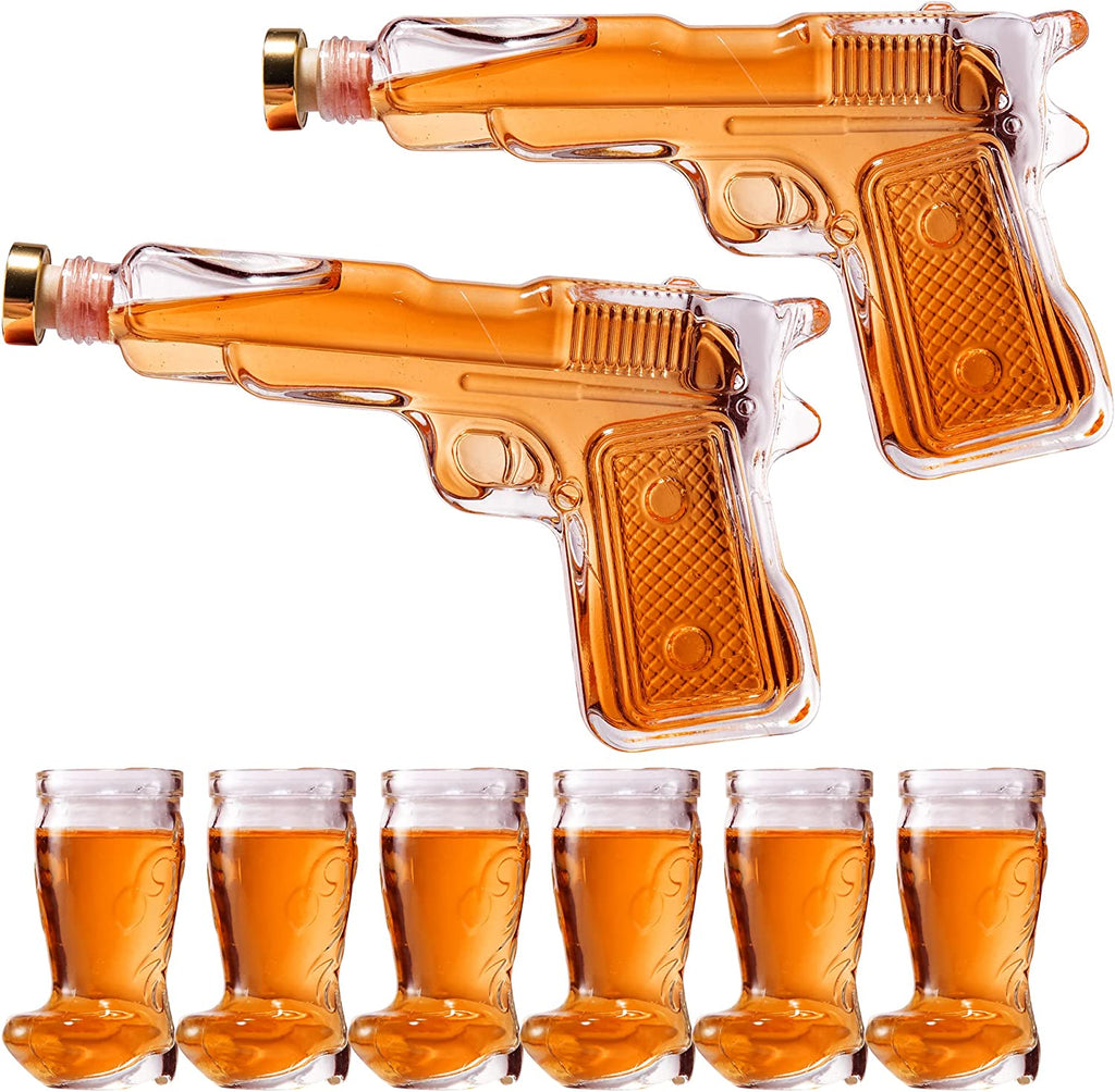 Pistol & Shotglasses Decanter Party Serving Holster Set - Whiskey Gun Decanter & Shot Glass - Pourers & Stopper - 2x 7.7oz Decanters - 6x 2oz Cowboy Boot Shots - Unique Gifts by The Wine Savant