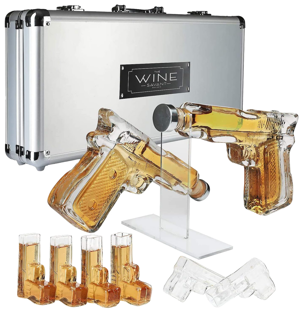Pistol Whiskey Gun Decanter & Pistol Shot Glasses Set - Comes with A large Carrying Case - Drinking Party Accessories, Great Gift by The Wine Savant