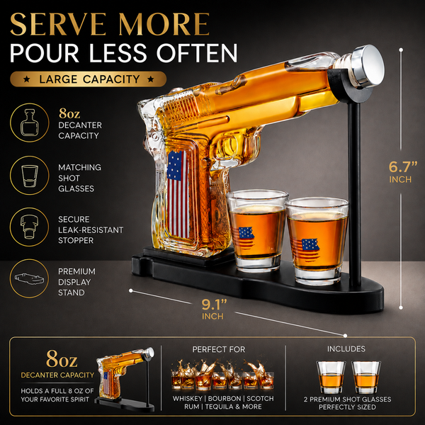 Gifts For Men Dad Father Whiskey Decanter Set 8 Oz With Two 2 Oz Glasses American Flag Pistol Gun An