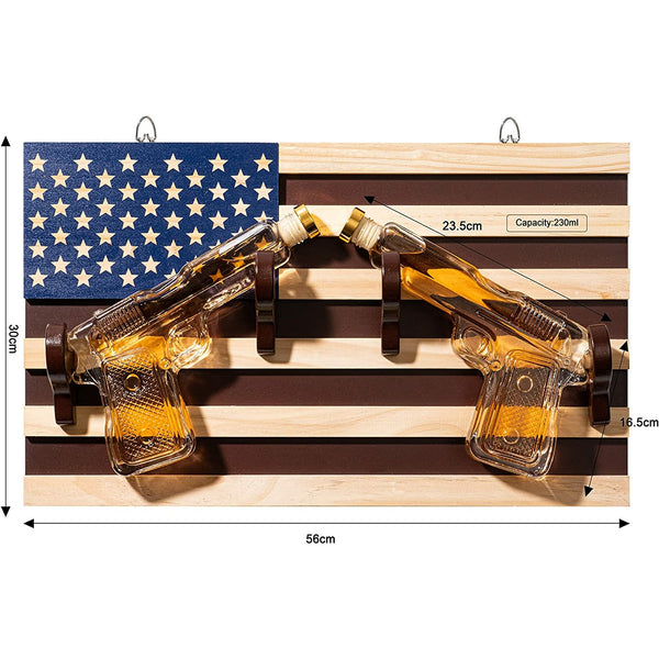 Pistol Whiskey Decanter Set of 2 300ml On American Flag Wall Rack by The Wine Savant - Tik Tok Gun Decanter, Veteran Gifts, Military Gifts, Home Bar Gifts, Law Enforcement Gifts by The Wine Savant