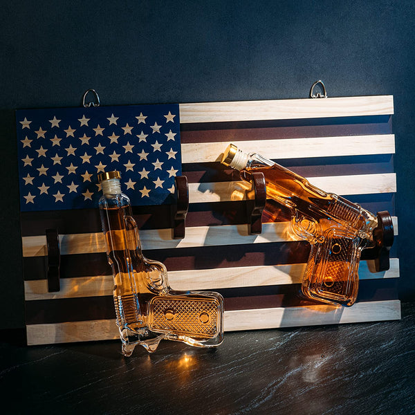 Pistol Whiskey Decanter Set of 2 300ml On American Flag Wall Rack by The Wine Savant - Tik Tok Gun Decanter, Veteran Gifts, Military Gifts, Home Bar Gifts, Law Enforcement Gifts by The Wine Savant