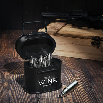 Whiskey Stones Ammunition Box Bullets Stainless - Set of 6 1.75in Bullet Chillers, The Wine Savant Stainless Steel Whiskey Rocks Bullet Shaped Ice Chillers, Beautiful Case to Take to Go! (Black) by The Wine Savant