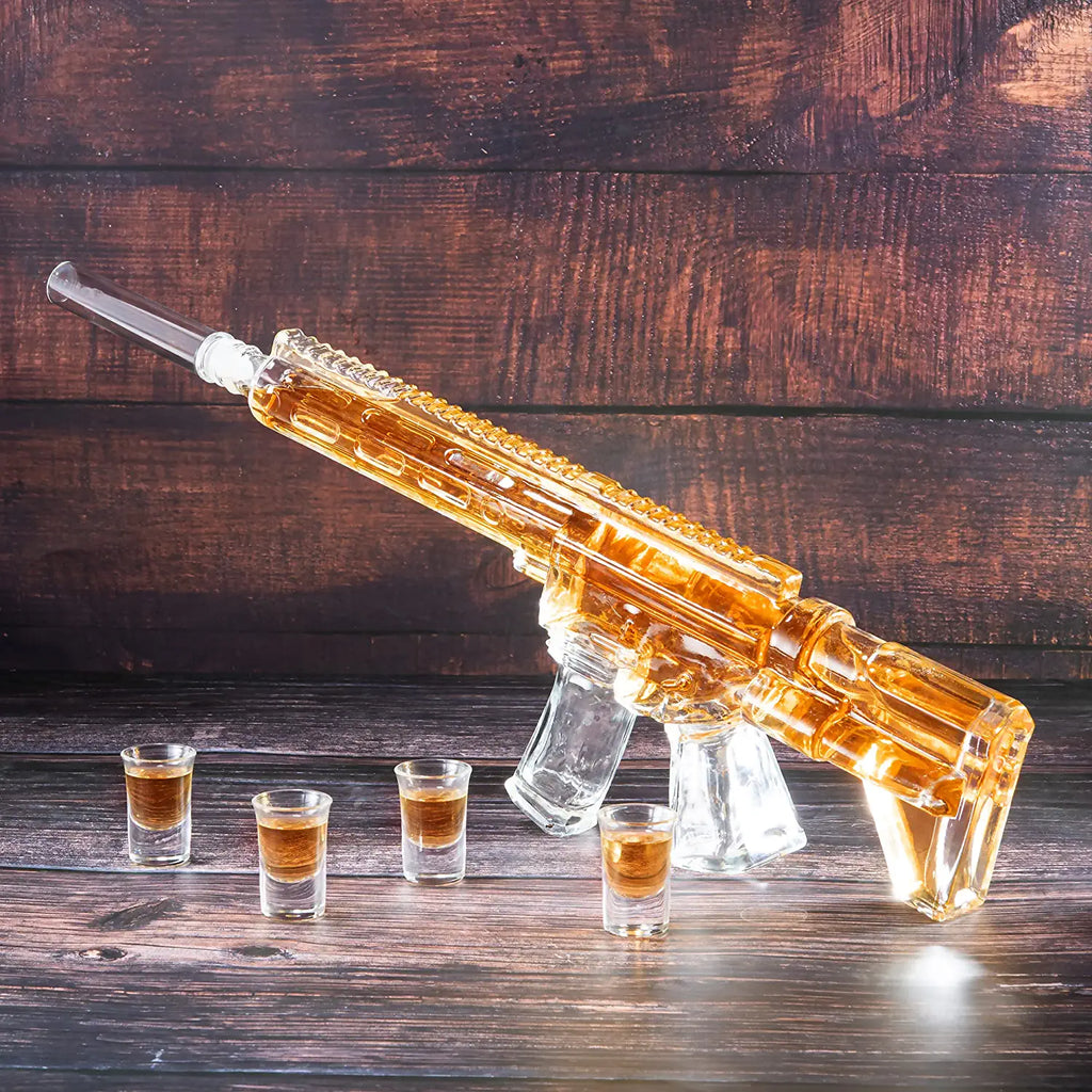 AR15 Whiskey Decanter and Glass Set - Drinking Party Accessory - Holster Attachment, Silencer Stopper - 22oz & 4 1oz Shot Glasses - Drinking Party Accessory, TIK Tok Gun Decanter - Fun Gifts For Men by The Wine Savant