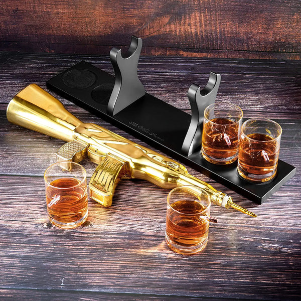 AK Gold Whiskey Decanter Set With 4 Bullet Whiskey Glasses - The Wine Savant, Gift For Fathers, Uncles, Sons - Veteran Gifts, Military Gift, Home Bar Gift, Father's Day by The Wine Savant