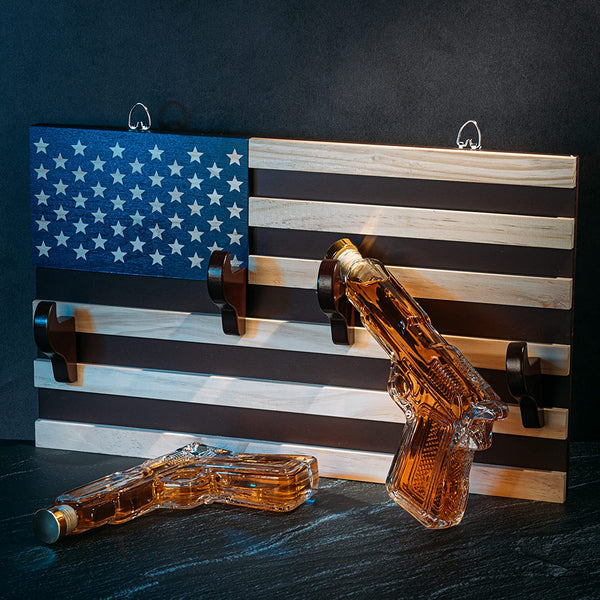 Pistol Whiskey Decanter Set of 2 300ml On American Flag Wall Rack by The Wine Savant - Tik Tok Gun Decanter, Veteran Gifts, Military Gifts, Home Bar Gifts, Law Enforcement Gifts by The Wine Savant