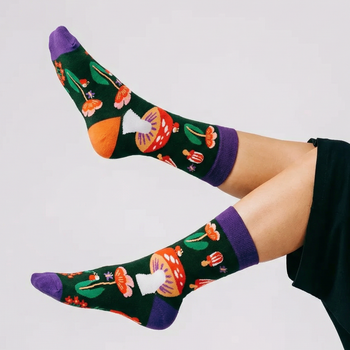 Amanita Trippy Mushroom Black Cotton Crew Socks | Dark Botanical Aesthetic | Poisonous Mushroom