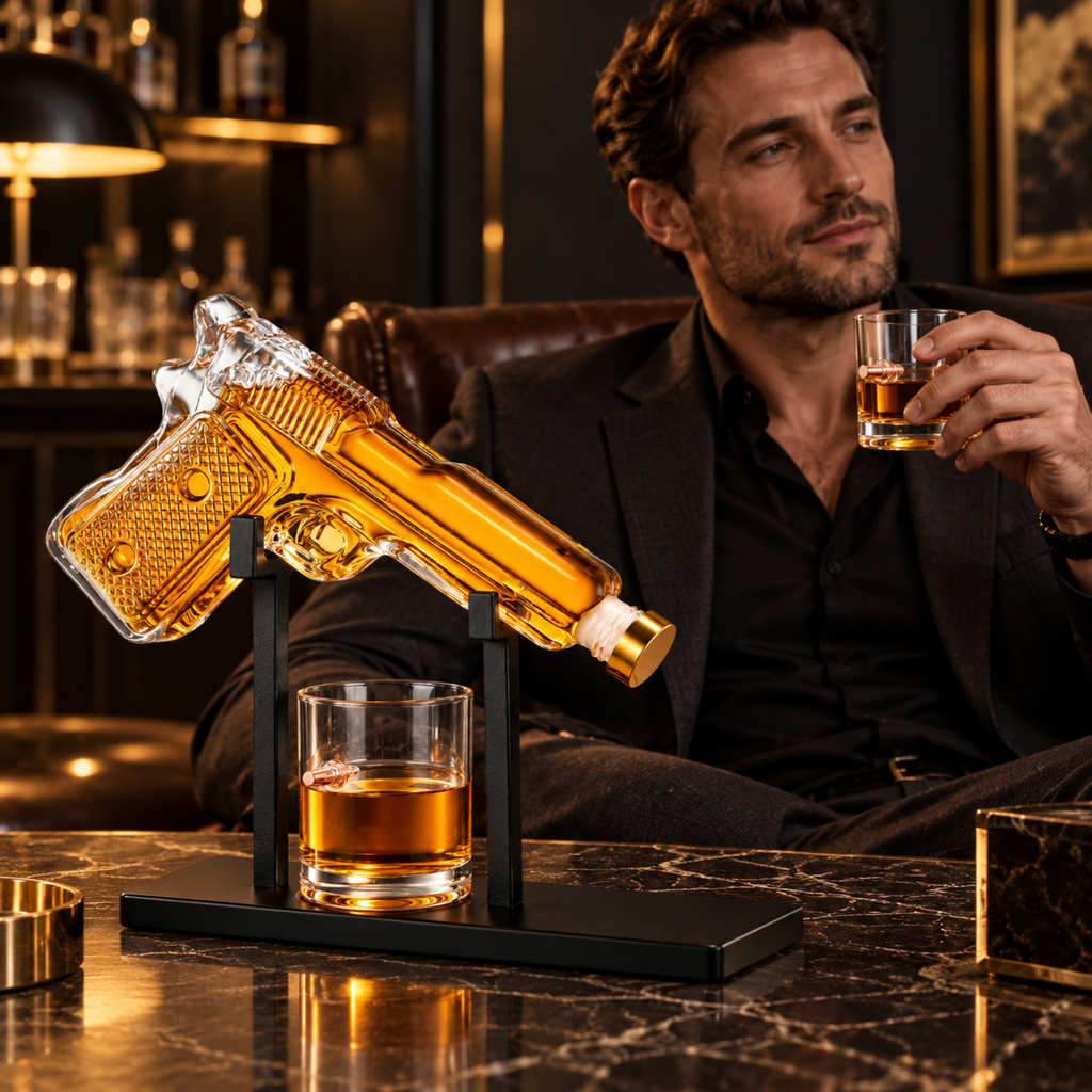 Pistol Whiskey Decanter Set 7 7 Oz With Two 10 5 Oz Glasses Premium Barware Gift