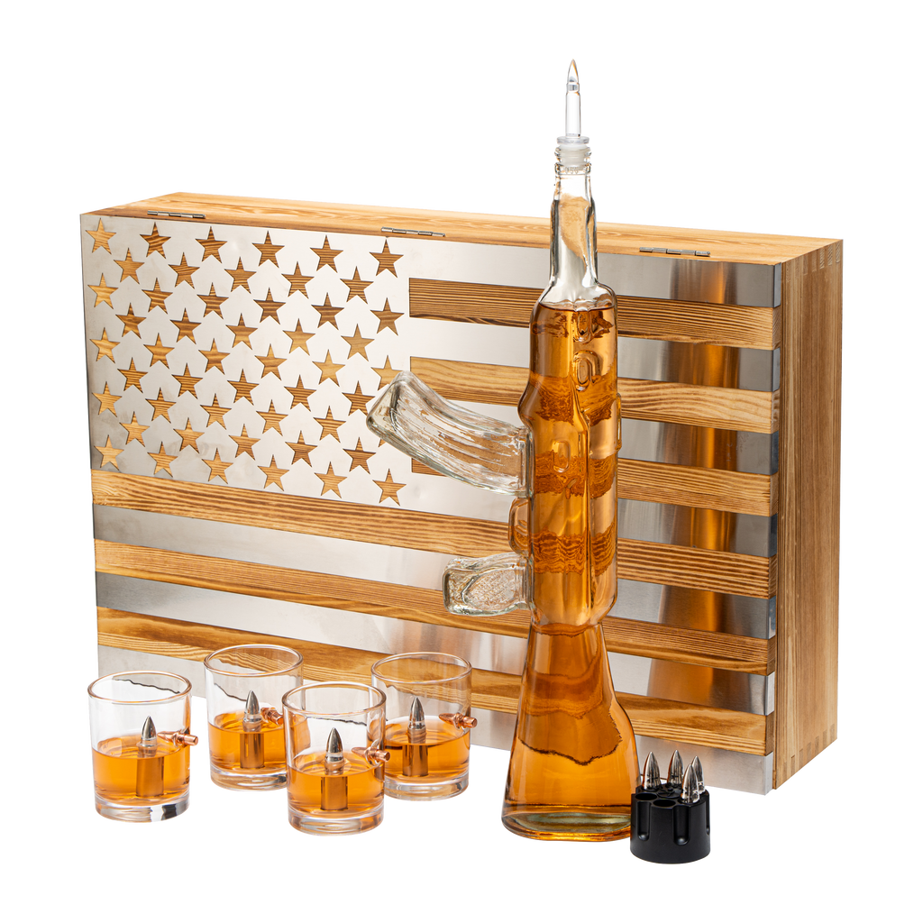 Whiskey Decanter Flag Set - 1000ml AK47 Rifle Gun, Glasses & Chillers Set in Box - Hanging Storage American Flag Gift Box With Silver Metal Flag, Great Gift Army, Navy, Marines, Veterans by The Wine Savant