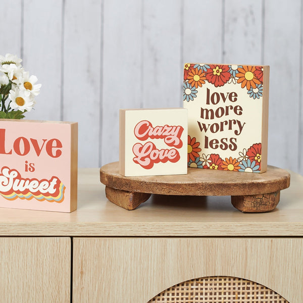 Love More Worry Less Block Sign | Retro Flowers | 4" x 5" by The Bullish Store