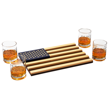 Whiskey Glasses – United States Constitution - Wood American Flag Tray & Set of 4 We The People 10oz America Glassware, Old Fashioned Rocks Glass, Freedom Of Speech Law Gift Set US Patriotic by The Wine Savant