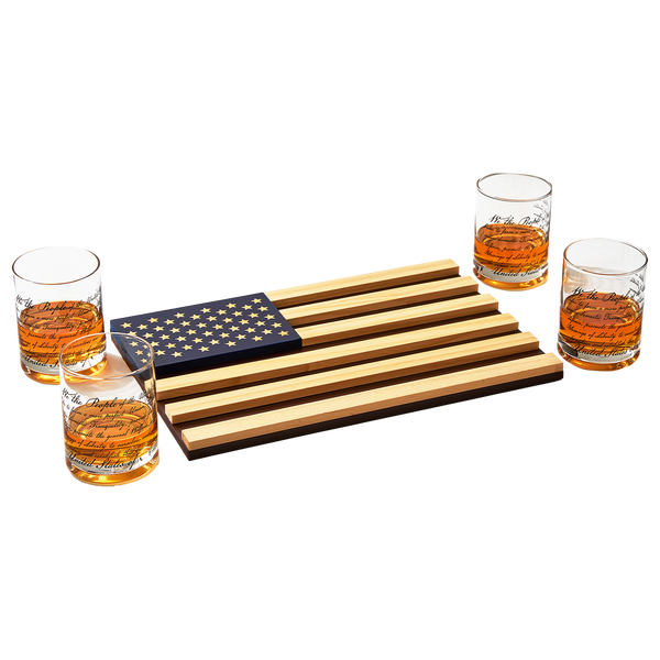 Whiskey Glasses – United States Constitution - Wood American Flag Tray & Set of 4 We The People 10oz America Glassware, Old Fashioned Rocks Glass, Freedom Of Speech Law Gift Set US Patriotic