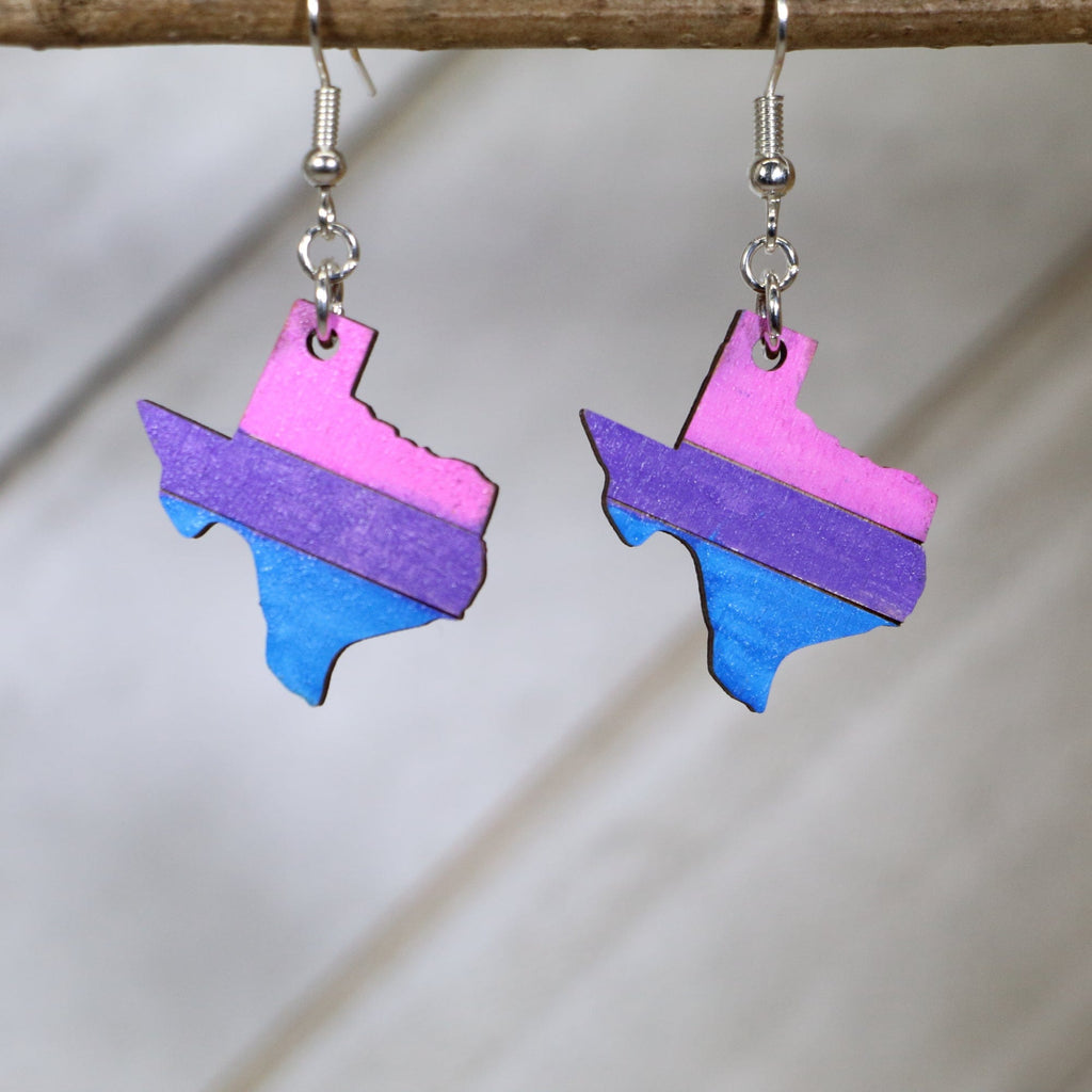 Texas LGBTQ+ Bi Wooden Dangling Earrings by Cate's Concepts, LLC