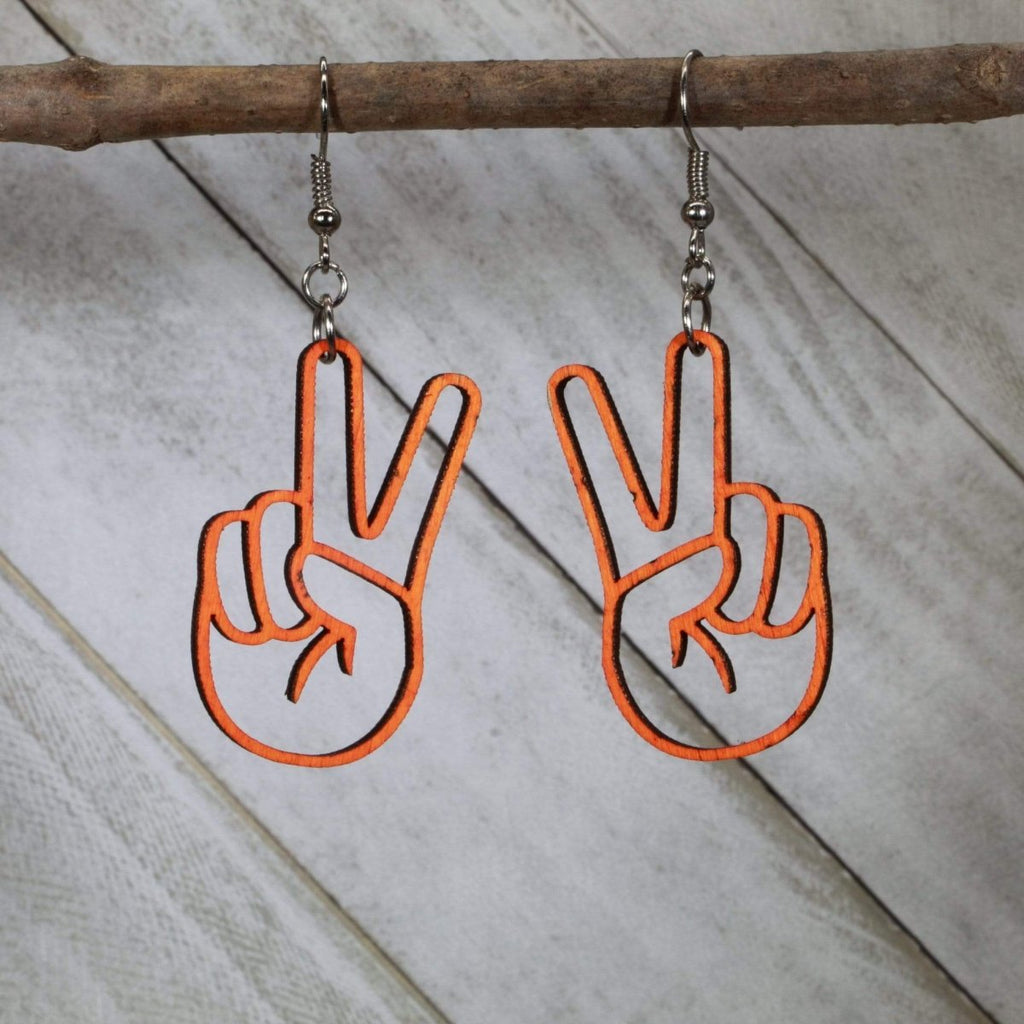 Peace Sign Hand Wooden Dangle Earrings by Cate's Concepts, LLC