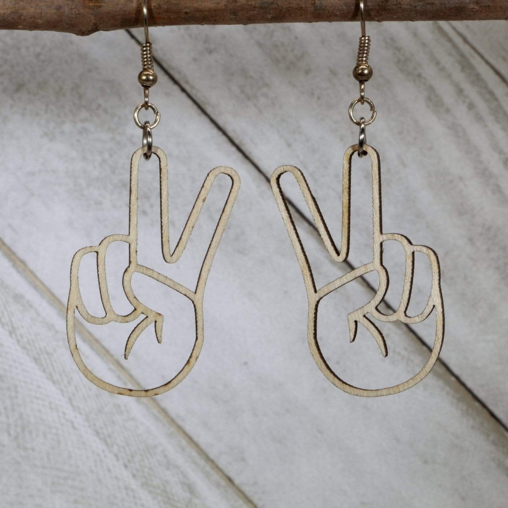 Peace Sign Hand Wooden Dangle Earrings by Cate's Concepts, LLC