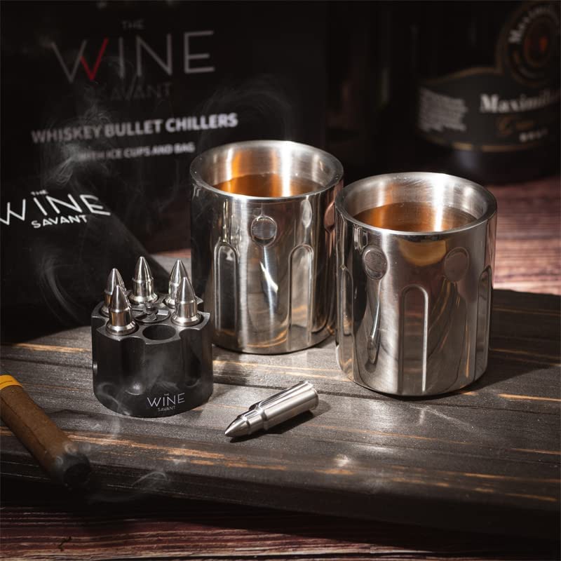 2 Metal Ice Cups & Bullet Chillers by The Wine Savant - Whiskey Stones Bullets Stainless Steel with Revolver Case, 1.75in Bullet Chillers Set of 6, Whiskey Gift Sets, Military Gifts, Veteran Gifts by The Wine Savant - Proud Libertarian - The Wine Savant