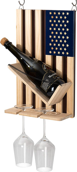 American Flag Wine & Bottle Wall Rack Holder with 2 Wine Glasses by The Wine Savant - patriotic Centerpiece Home Decor Wine Storage Rack Display Holder Gun Gifts for Patriots, Veterans, Military 16"H by The Wine Savant - Proud Libertarian - The Wine Savant