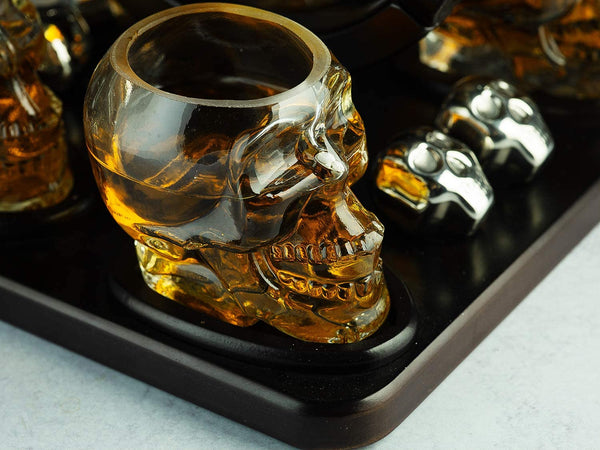 Large Skull Face Decanter with 4 Skull Shot Glasses and Wooden Base and 4 Skull Whiskey Chillers - By The Wine Savant 750ml Decanter 4 oz Shot Glasses by The Wine Savant - Proud Libertarian - The Wine Savant