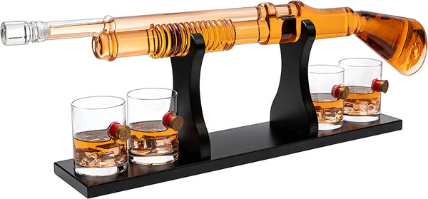 Shotgun Whiskey Decanter Set - Limited Edition ,Silencer Stopper - 800 ml & 4 12oz Bullet Glasses - Unique Gift - Drinking Party Accessory, Handmade Gun Liquor Decanter, Tik Tok Gun Decanter by The Wine Savant - Proud Libertarian - The Wine Savant