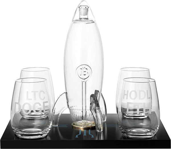 Crypto Lovers Gift Bitcoin Ethereum Whiskey Decanter Set with 4 Glasses by The Wine Savant - Proud Libertarian - The Wine Savant