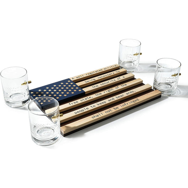 2nd Amendment American Flag Bullet Glasses - .308 Real Solid Copper Projectile, Set of 4 Hand Blown Old Fashioned Whiskey Rocks Glasses, Wood Flag Tray with Patriots Gun Rights Law & Military Gift Set by The Wine Savant - Proud Libertarian - The Wine Savant