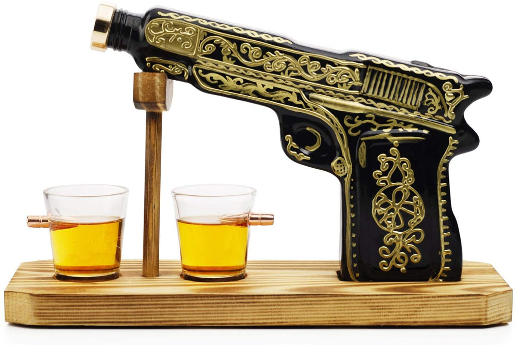 Glass Hand Painted Pistol Whiskey Gun Decanter & Pistol Shot Glasses Set, With 2 Bullet Shot Glasses by The Wine Savant - Proud Libertarian - The Wine Savant