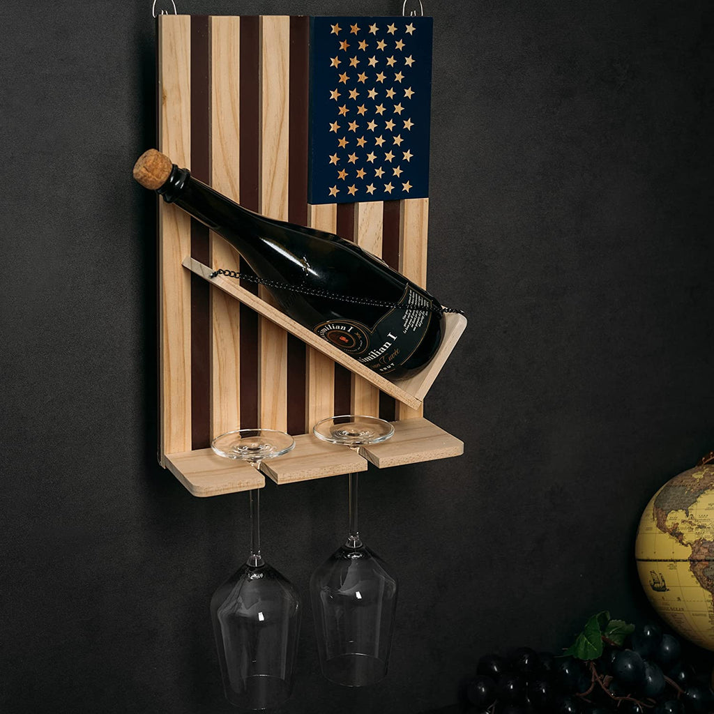 American Flag Wine & Bottle Wall Rack Holder with 2 Wine Glasses by The Wine Savant - patriotic Centerpiece Home Decor Wine Storage Rack Display Holder Gun Gifts for Patriots, Veterans, Military 16"H by The Wine Savant - Proud Libertarian - The Wine Savant