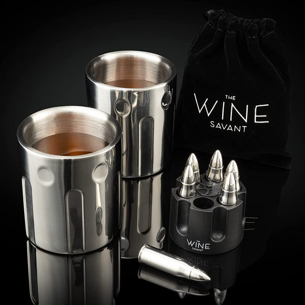2 Metal Ice Cups & Bullet Chillers by The Wine Savant - Whiskey Stones Bullets Stainless Steel with Revolver Case, 1.75in Bullet Chillers Set of 6, Whiskey Gift Sets, Military Gifts, Veteran Gifts by The Wine Savant - Proud Libertarian - The Wine Savant