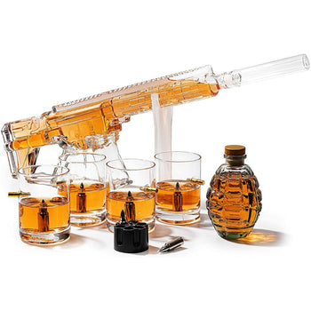 AR15 Whiskey Gun Decanter set- 1000 ml Set With American Flag Gift Box, & 4 12oz Bullet Glasses, Whiskey Revolver Bullet Chillers, Small Grenade Decanter Drinking Party Accessory by The Wine Savant - Proud Libertarian - The Wine Savant
