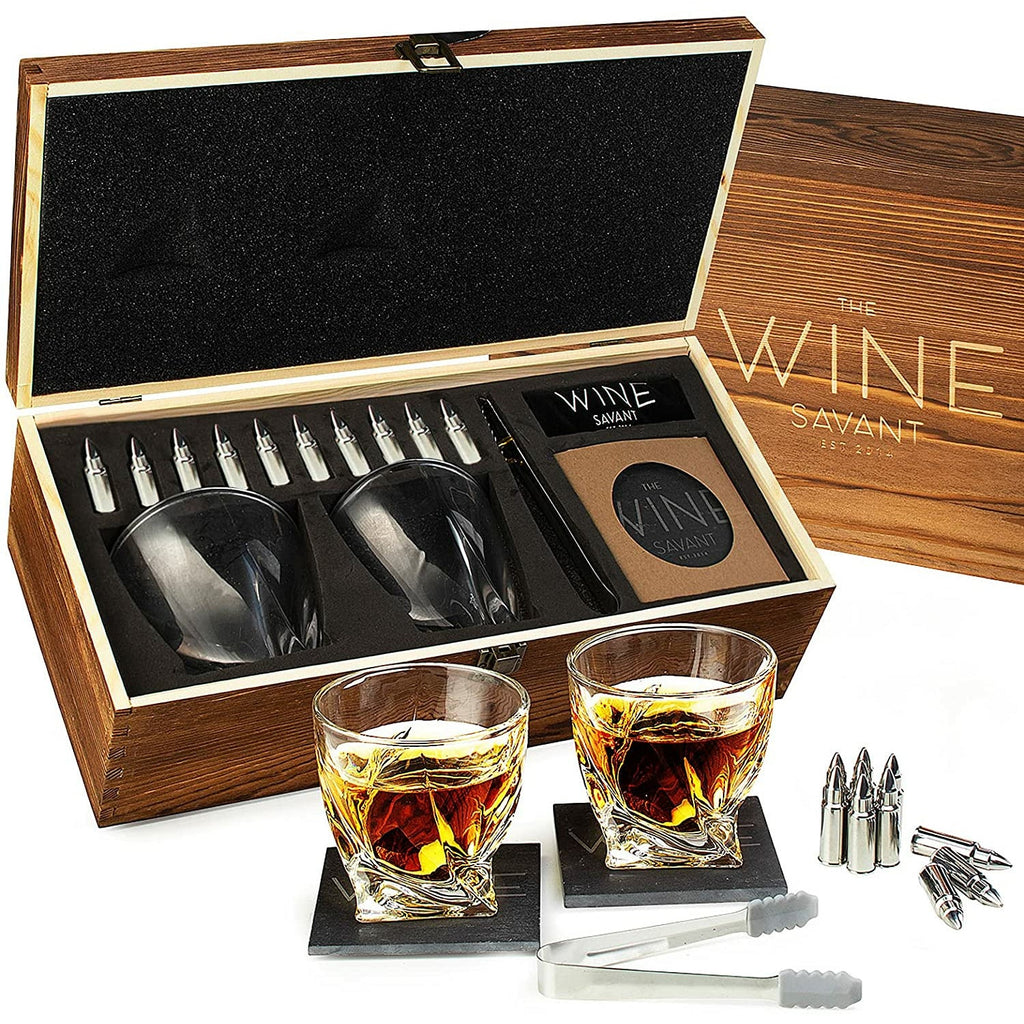 Luxurious Bar Gift Set - 2 Whiskey Glasses - Coasters - Bullet Whiskey Chillers - Set in Premium Wood Box by The Wine Savant - Proud Libertarian - The Wine Savant