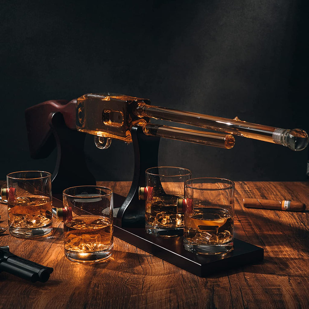 Shotgun Wine & Whiskey Decanter Set 20oz with Bullet Glasses by The Wine Savant - Firearm Shooting Gun Gifts for Men Veterans, Military, Home Bar, Law Enforcement 30" L 9.5" H by The Wine Savant - Proud Libertarian - The Wine Savant