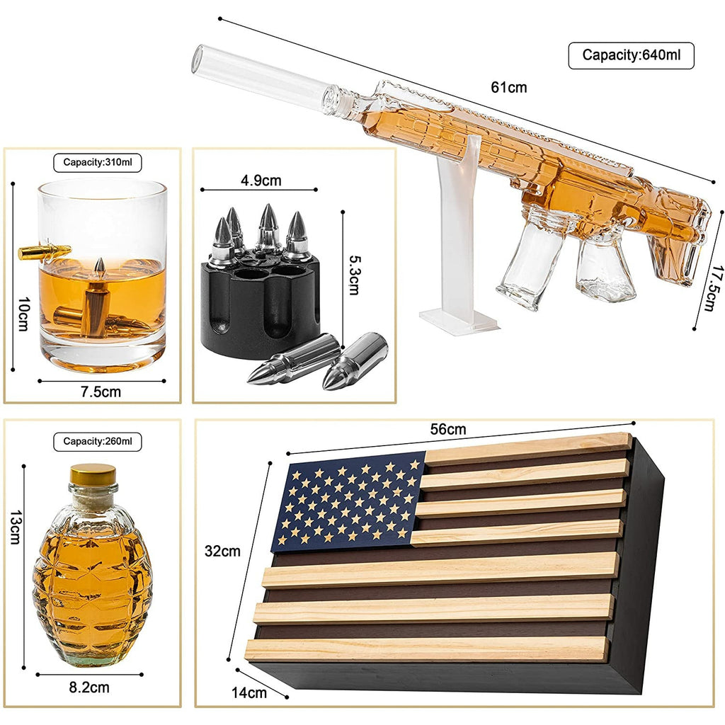 AR15 Whiskey Gun Decanter set- 1000 ml Set With American Flag Gift Box, & 4 12oz Bullet Glasses, Whiskey Revolver Bullet Chillers, Small Grenade Decanter Drinking Party Accessory by The Wine Savant - Proud Libertarian - The Wine Savant