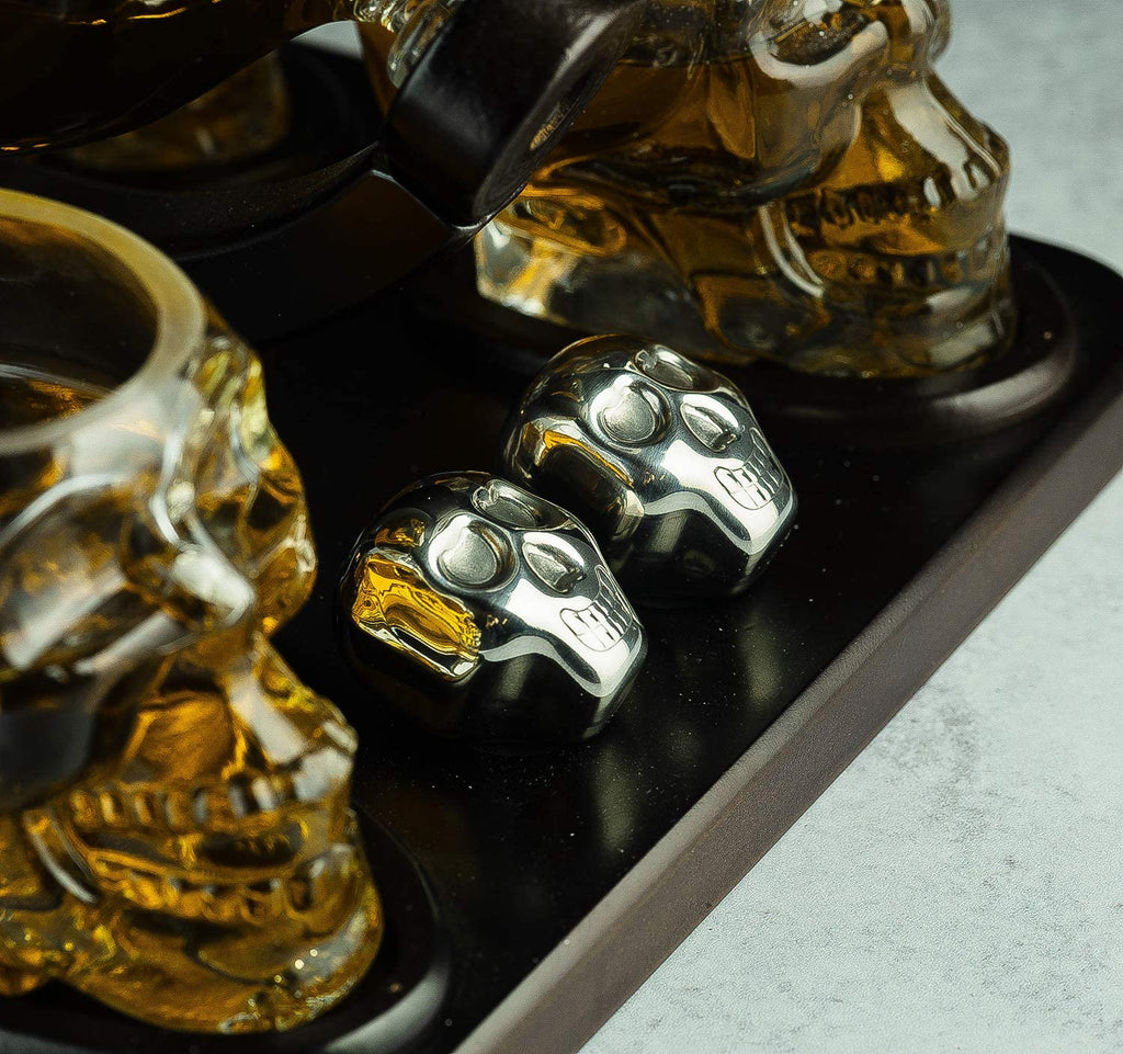 Large Skull Face Decanter with 4 Skull Shot Glasses and Wooden Base and 4 Skull Whiskey Chillers - By The Wine Savant 750ml Decanter 4 oz Shot Glasses by The Wine Savant - Proud Libertarian - The Wine Savant