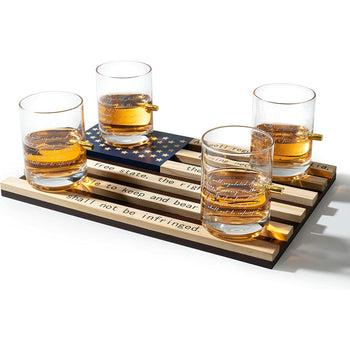 2nd Amendment American Flag Bullet Glasses - .308 Real Solid Copper Projectile, Set of 4 Hand Blown Old Fashioned Whiskey Rocks Glasses, Wood Flag Tray with Patriots Gun Rights Law & Military Gift Set by The Wine Savant - Proud Libertarian - The Wine Savant